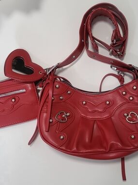 Red Heart-Accent Shoulder Bag with Mirror Charm